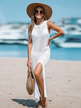 Sz M Shade & Shore ivory crochet knit coverup maxi